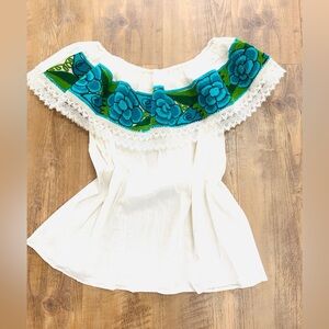 Mexican Embroidered Off the Shoulder Blouse Cream/Teal